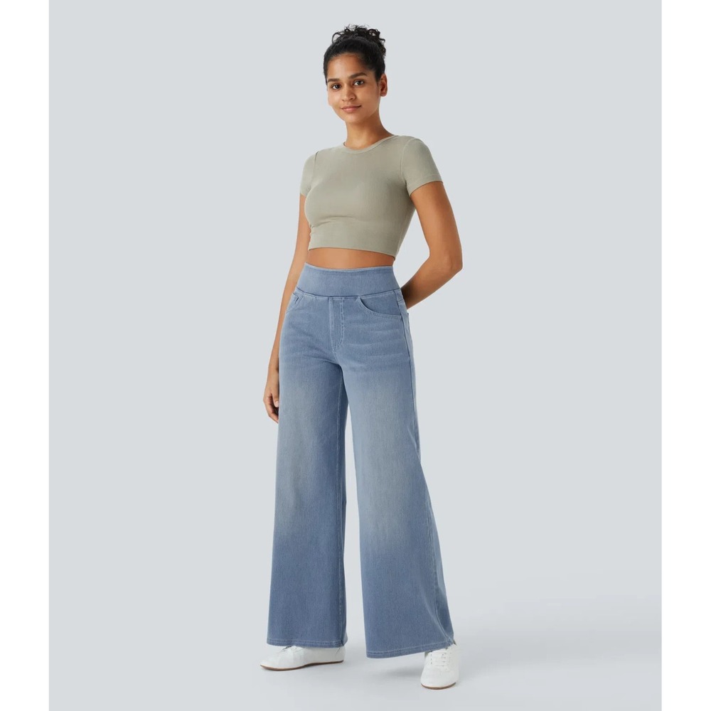 Halara Flex High Waisted Pockets Baggy Wide Leg Washed Casual Jeans Lg Petite